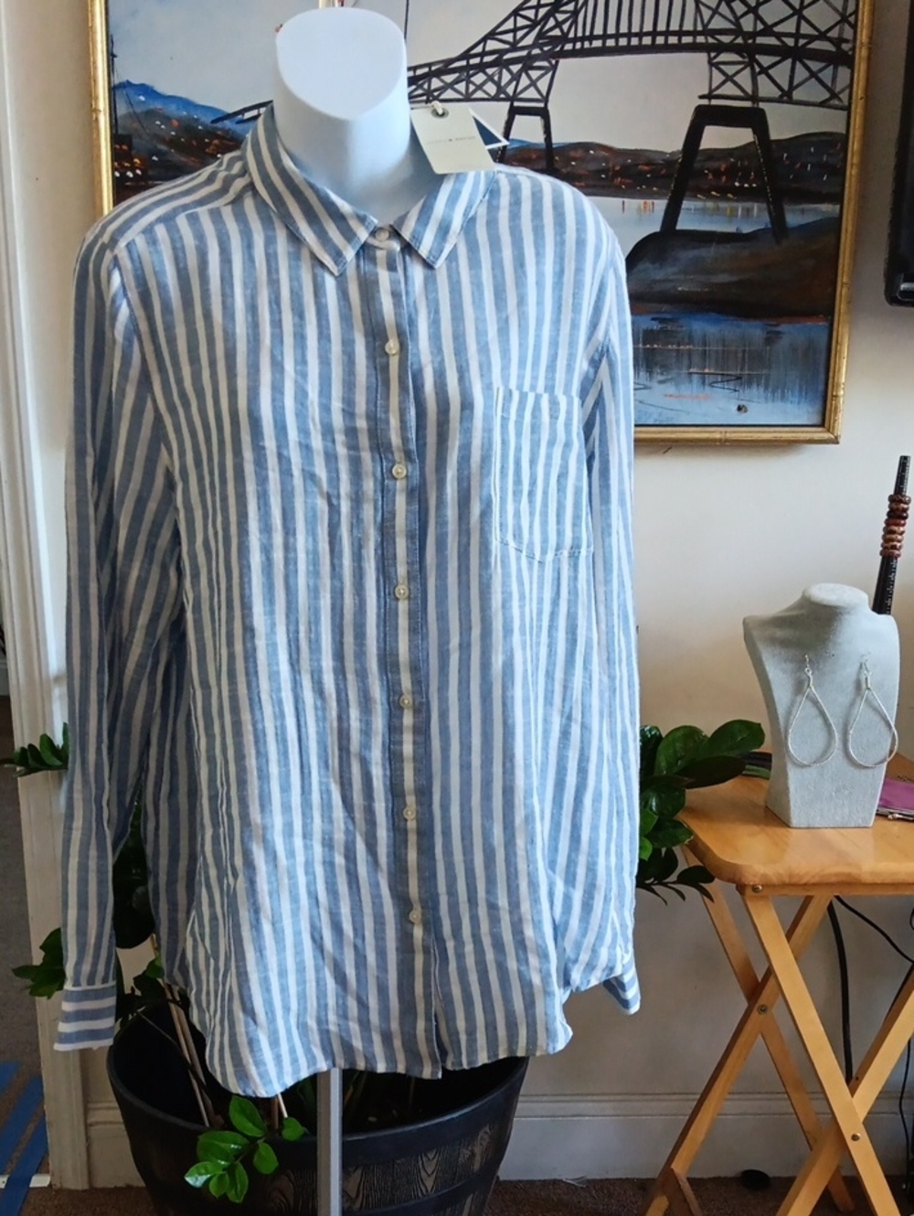 Lucky Brand Blue and White Striped Button-Up Shirt XL
